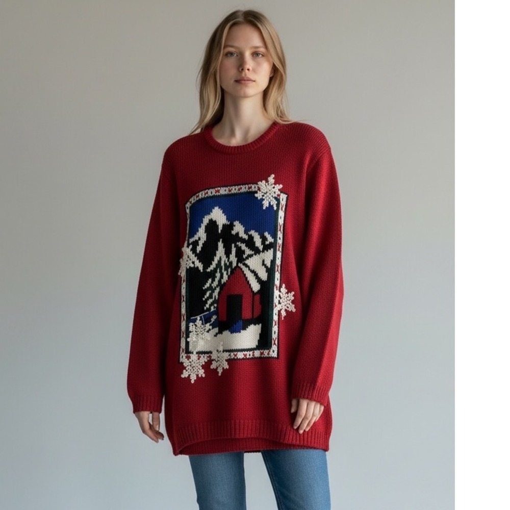 Petite Sophisticate Vintage Angora Winter Cabin Snowflake Tunic Sweater L